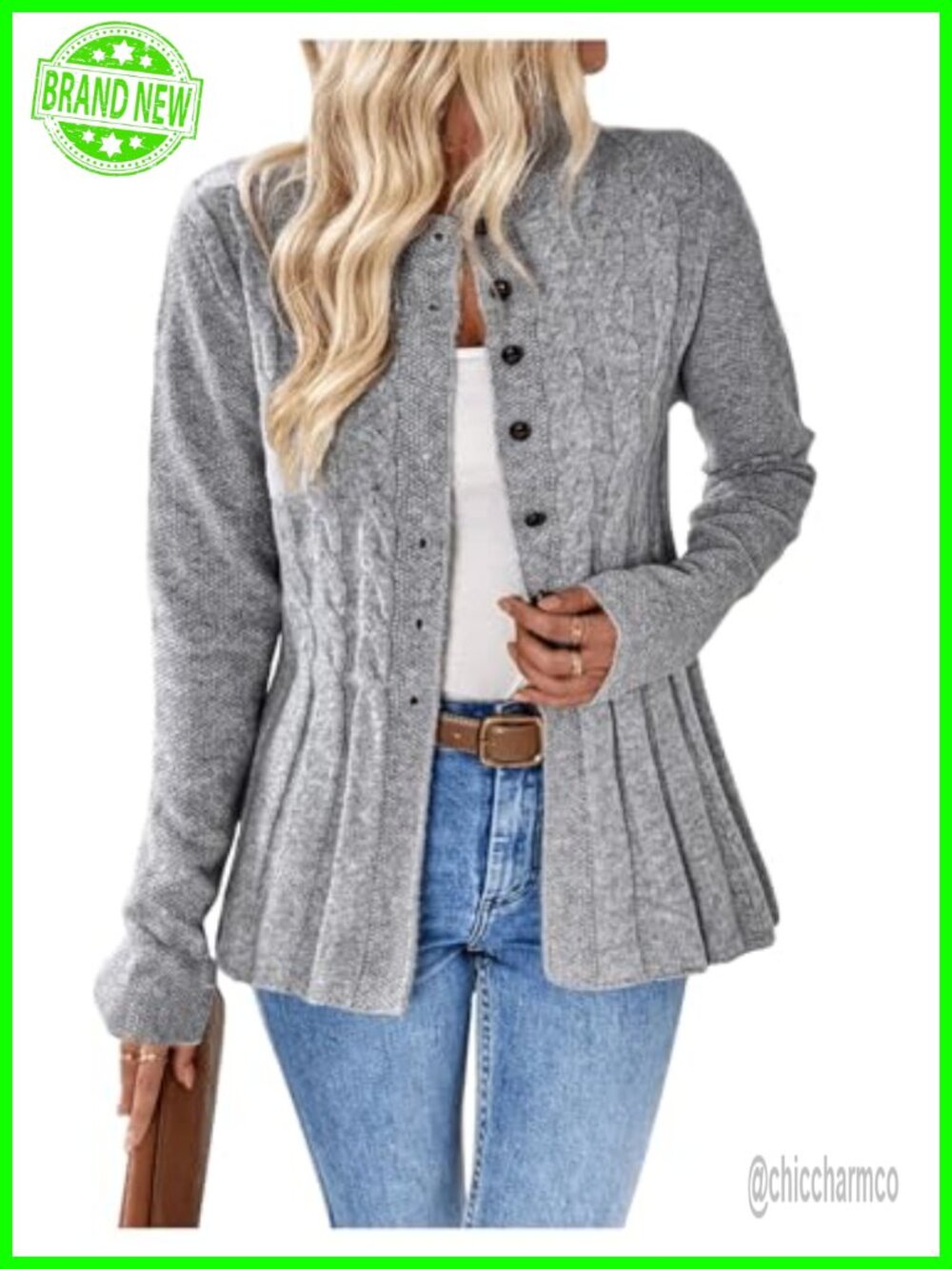 Cable Knit Button Up Long Sleeve Peplum Cardigan Sweater